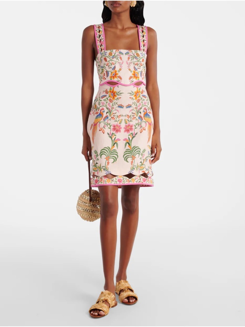 Farm Rio NEW XL Delicate Forest Linen Mini Dress, pink trim & tropical parrots